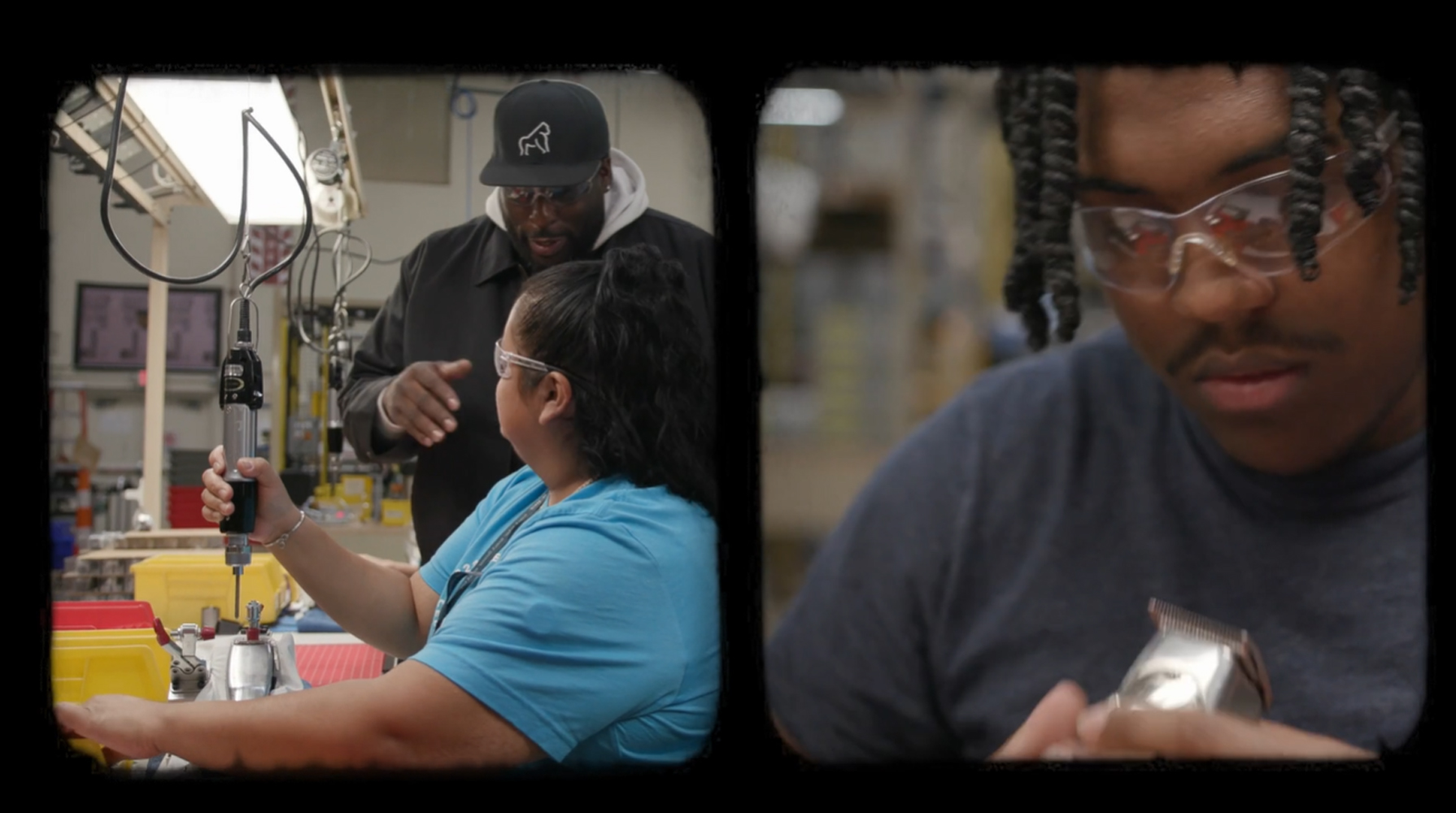 John Mosley talking with worker on assembly on left and another employee inspecting clipper on right