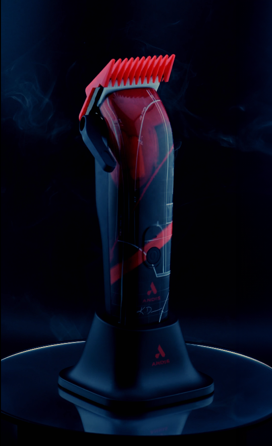 Red and Black Envy II Clipper upright in charging stand