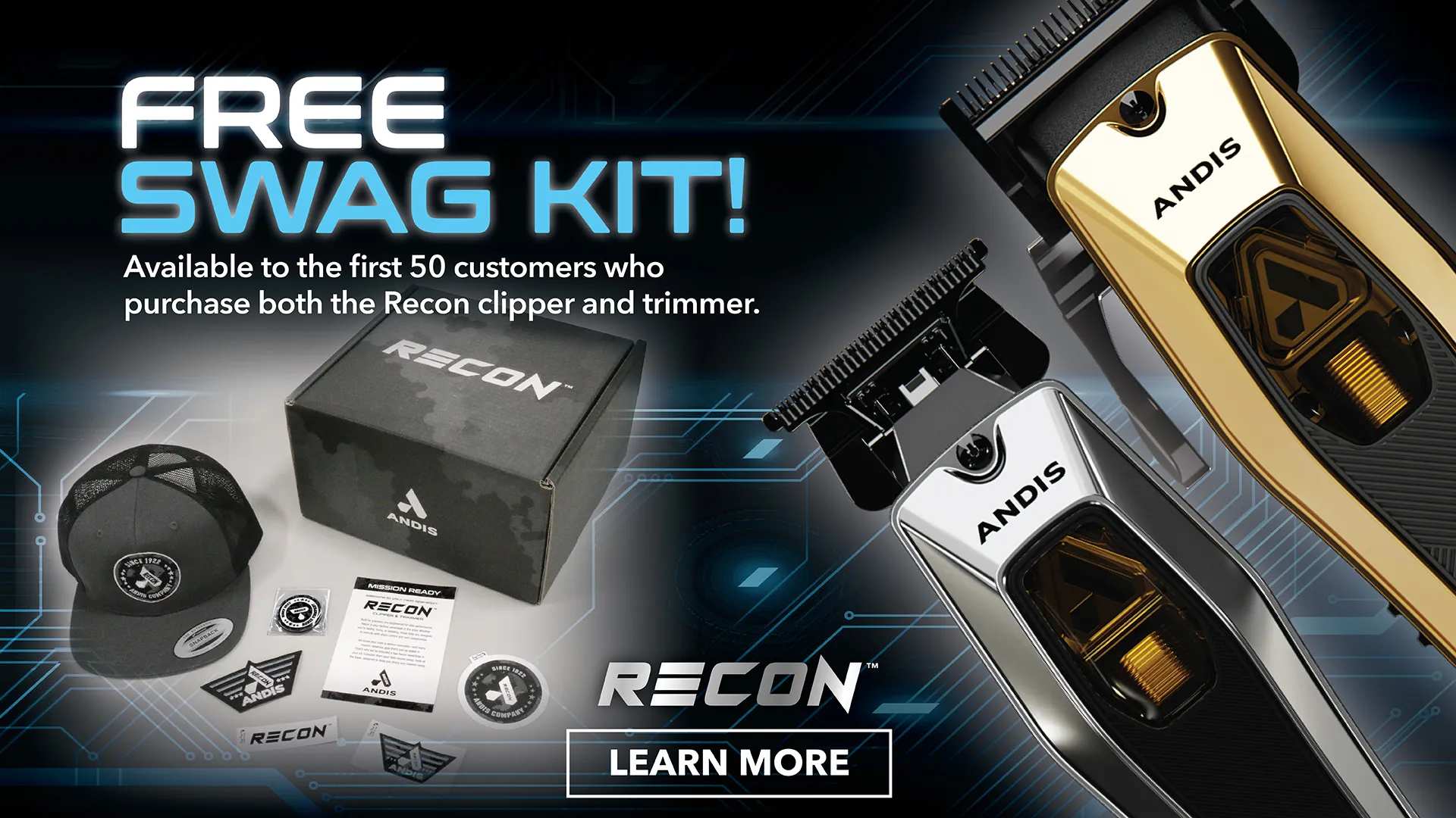 Banner featuring two Andis RECON clippers and trimmers. Text: 'MISSION READY! Welcome to your next operation.'